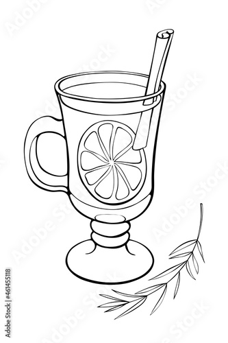 Hot warm winter spiced grog mulled wine cocktail in special glass garnished with cinnamon stick, sprig of rosemary, thyme, savory and orange slice. Hand drawn doodle style vector contour illustration