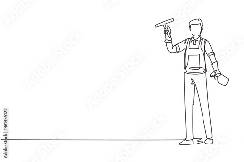 Single one line drawing smiling cleaning staff member is wiping the window with brush and spray. Concept of man cleaning windows from dust in different premises. Continuous line draw design vector