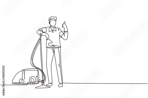 Single continuous line drawing worker of cleaning service. Man dressed in uniform with vacuum cleaner. Washing and cleaning service. Disinfection and cleaning. One line draw design vector illustration