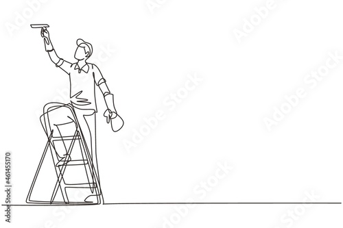 Continuous one line drawing cleaner standing on ladder  washing with sponge. Cleaning service  cleaning tools  washing sponge  house cleaning and housework. Single line draw design vector illustration