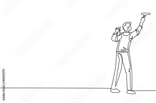 Continuous one line drawing man janitors cleaners cleaning windows with cleaning tools. City view skyscrapers. Professional employee of cleaning company working process. Single line draw design vector
