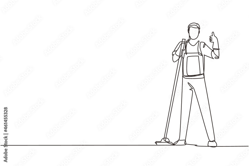 Single one line drawing floor care and cleaning services with washing mop in sterile factory or clean hospital. Cleaning man service. Modern continuous line draw design graphic vector illustration