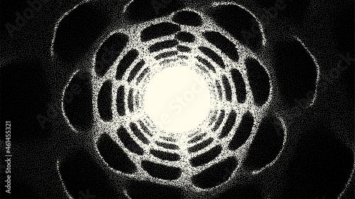 Retro styled docking corridor on space station or light at the end of tunnel concept for sci-fi poster or flyer. Gate or cave with dotwork style.