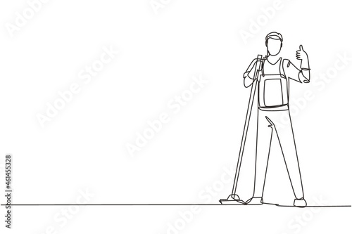 Single one line drawing floor care and cleaning services with washing mop in sterile factory or clean hospital. Cleaning man service. Modern continuous line draw design graphic vector illustration