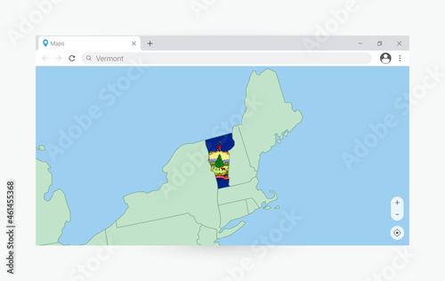 Browser window with map of Vermont, searching  Vermont in internet.