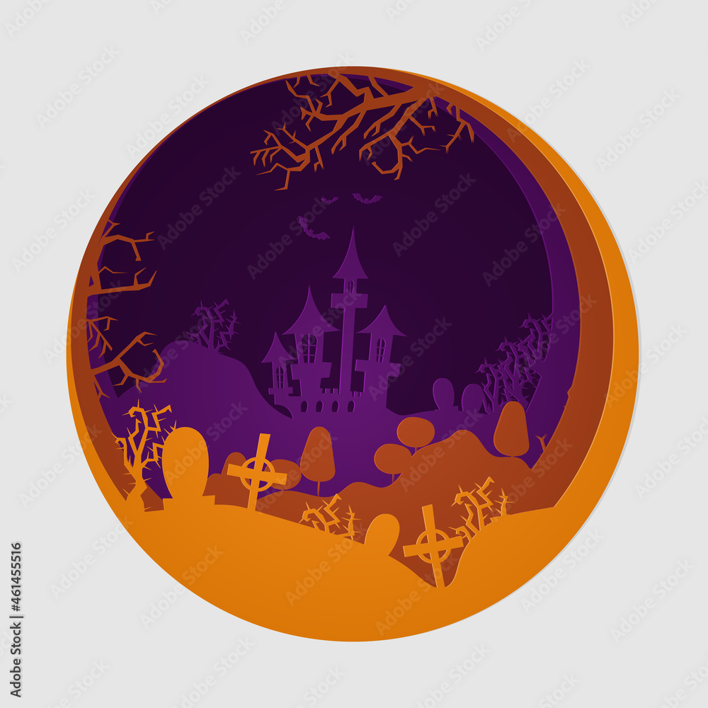 Halloween paper cut poster. Invitation for party. Halloween night vector illustration. Halloween background with paper pumpkin. Halloween background