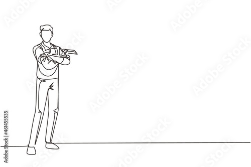 Continuous one line drawing cleaning worker posing and holding cleaning tool. Cleaning service with cool pose. Concept of people enjoying working in cleaning services. Single line draw design vector