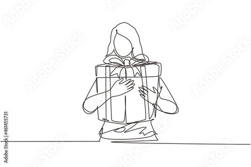 Continuous one line drawing woman holding big ribbon bow wrapped gift box in her arms. Young female holding gift. Lady with gift box. Gift for the holiday. Single line draw design vector illustration