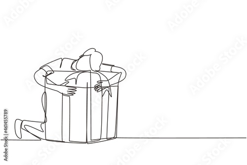 Continuous one line drawing happy man hugging present box with love. Male holding tightly in his arms cute gift box with bow. Present, gift, birthday, party concept. Single line draw design vector