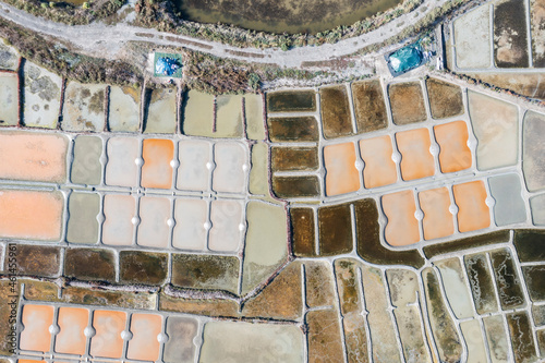 Ocean salt recovery fields in France. Marais salants. Drone view. photo