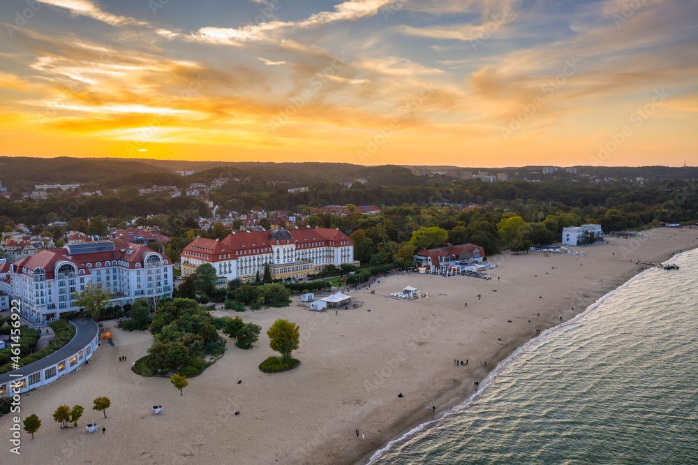 Beautiful architecture of Sopot city by the Baltic Sea at sunset, Poland.
