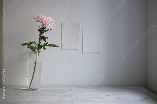 Scandinavian style. Interior Design. Large pink chrysanthemum in a long glass vase. Photo frame  two cups. Two blank sheets of paper on the wall. Empty space for text