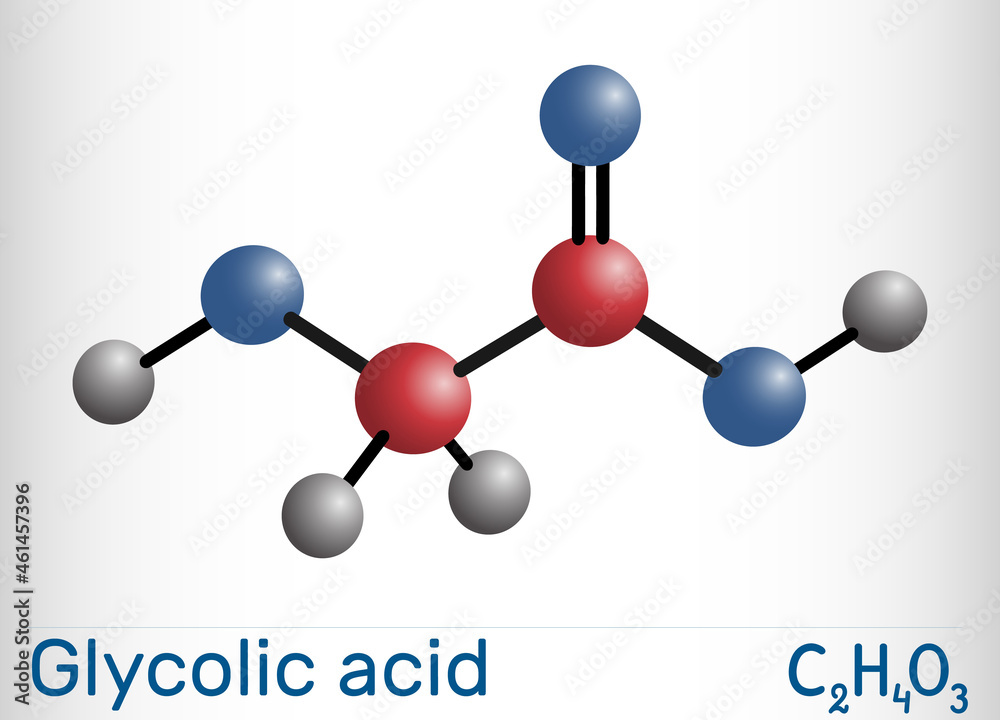 Glycolic acid, hydroacetic or hydroxyacetic acid, C2H4O3 molecule. It is alpha hydroxy acid, AHA. Molecule model Glycolic acid, hydroacetic or hydroxyacetic acid, C2H4O3 molecule. It is alpha hydroxy acid, AHA. Molecule model