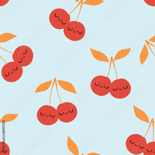 Seamless pattern with cherry cartoons on blue background vector.