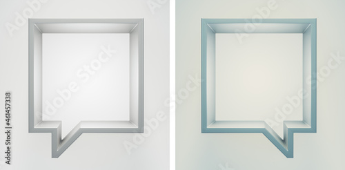 A set of abstract scene with empty shelf or frame-podium. Gray and pastel blue colors. Shape looks like a quote, clear monochromatic background.