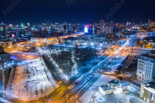 Top view of historic building with night illumination in center of Yekaterinburg. Russia © ArtEvent ET