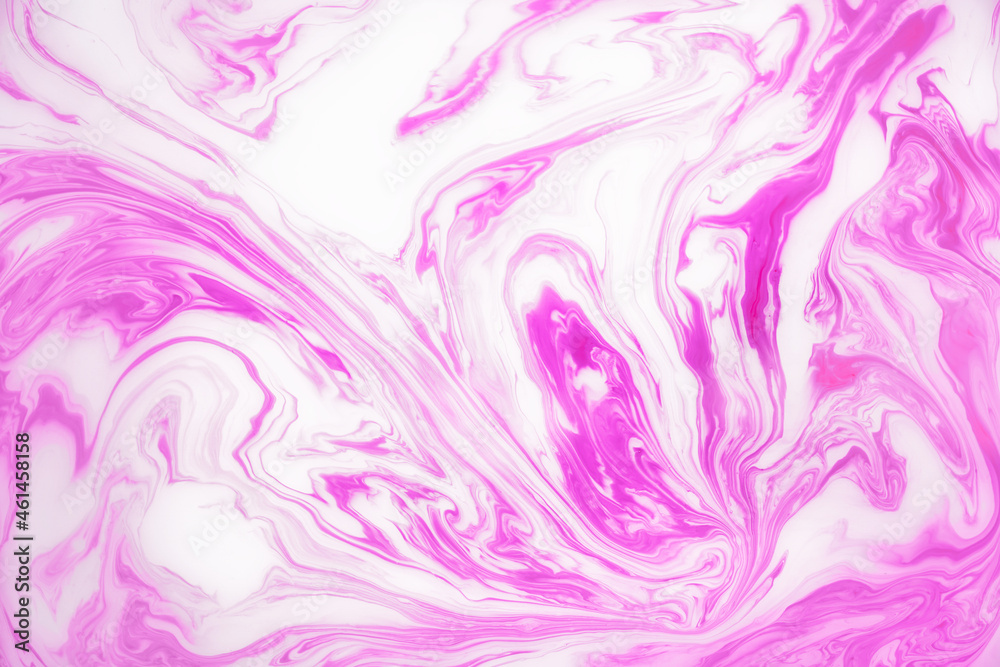 Abstract colored marble background, stains of pink paint on the surface of the water. Liquid colorful backdrop.
