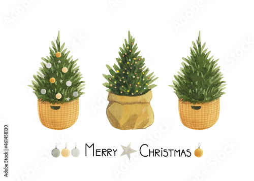 Christmas-tree watercolor set. Hand painted New Year tree in the basket with Christmas balls isolated on white background. Holiday illustration for design, print, fabric or background. Merry Christmas