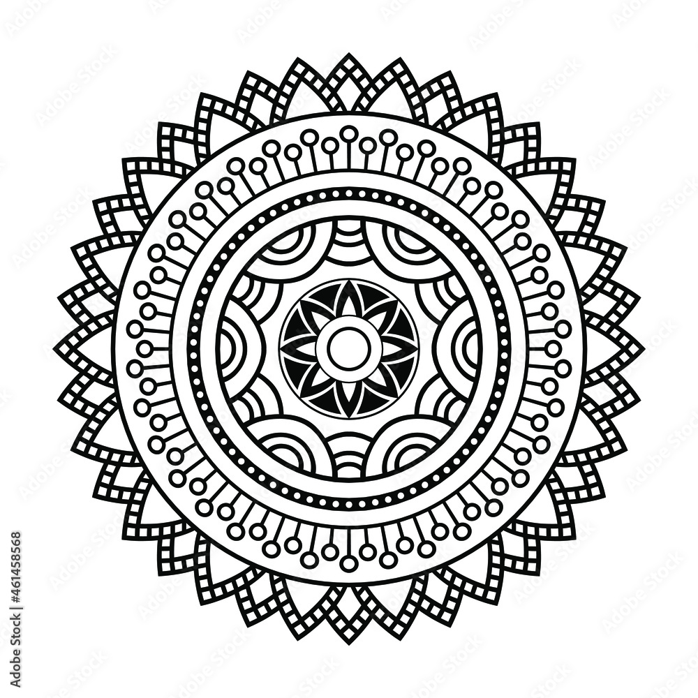 Isolated mandala in vector. Round pattern in white and black colors. Vintage decorative element for painting