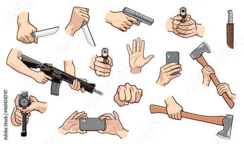 Set of isolated illustrations of hands holding weapons. Set of vector illustration of defense situation. 