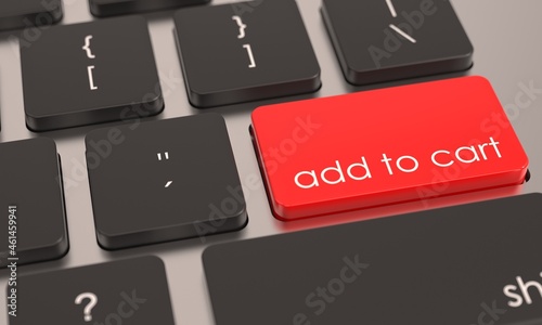 Red add to cart key button on computer keyboard. E commerce or online shopping icon. Business concept. Office background. 3d close-up view