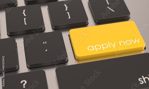 Yellow apply now key button on computer keyboard. Subscribe, registration or access icon. Business concept. Office background. 3d close-up view