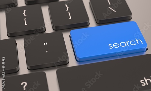 Blue search key button on computer keyboard. Look, investigation or research icon. Business concept. Office background. 3d close-up view