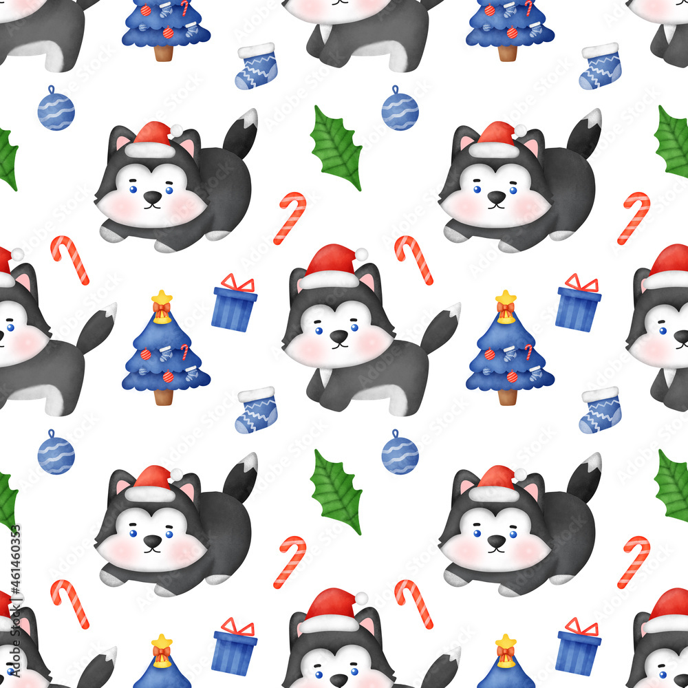Seamless pattern with Christmas Siberian husky dog with santa hat .