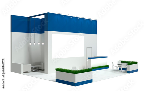 The large exhibition stand is white with blue details. Blank template for design. 3D rendering.