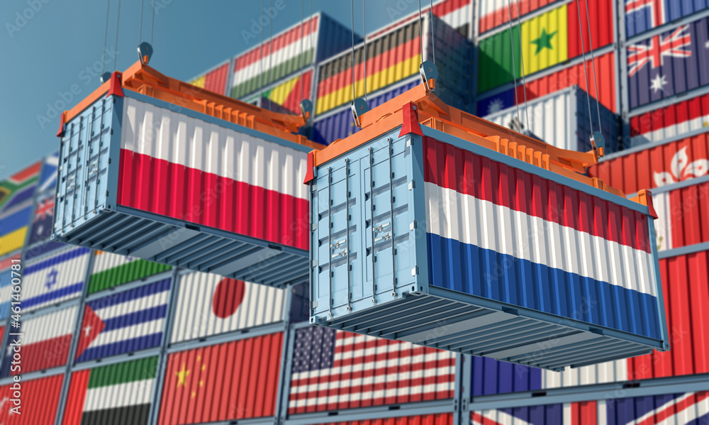 Freight containers with Poland and Netherlands national flags. 3D Rendering 