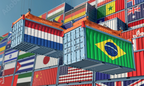 Freight containers with Brazil and Netherlands national flags. 3D Rendering 