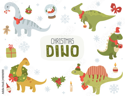 Cute christmas happy dino collection. Set of festive dinosaurs and decoration.