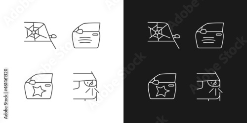 Auto accident types linear icons set for dark and light mode. Windscreen damage. Door panel dents. Customizable thin line symbols. Isolated vector outline illustrations. Editable stroke