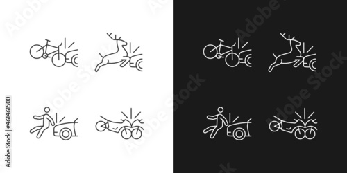 Traffic collision scenarios linear icons set for dark and light mode. Bicycle crash. Colliding with wildlife. Customizable thin line symbols. Isolated vector outline illustrations. Editable stroke