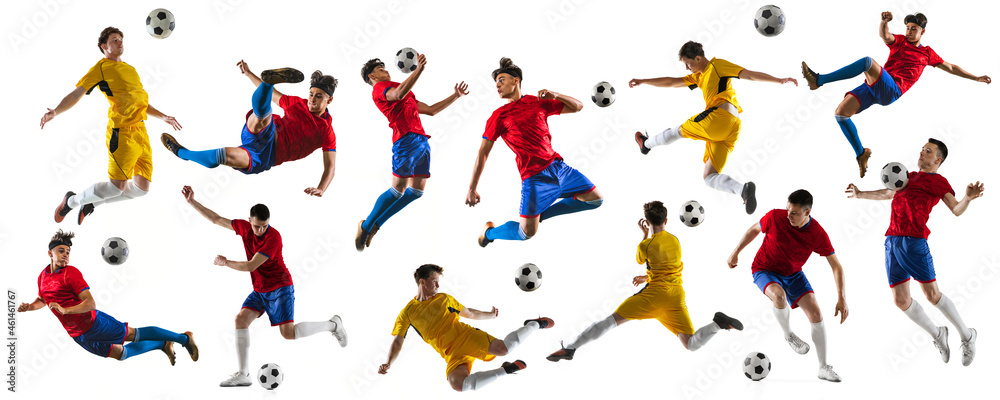 Naklejka Collage of movements. Two young men, male soccer football players in motion, training isolated over white background