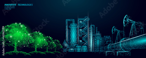 Oil pollution problem concept. Oil gas petroleum environmental disaster pipeline refinery complex. Industry air soil waste toxic solution 3D vector illustration