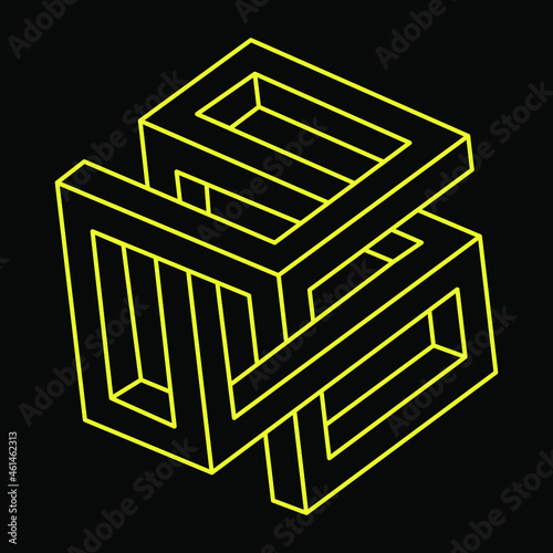 Impossible optical illusion shapes. Optical art object. Impossible figures. Line art. Unreal geometric objects.