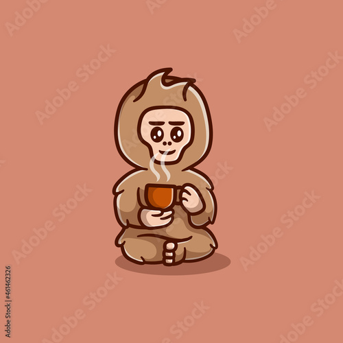 cute bigfoot with a cup of coffee