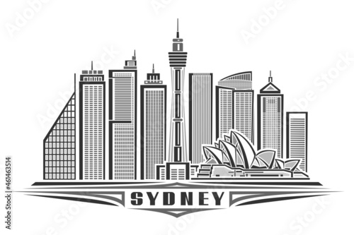 Vector illustration of Sydney, monochrome horizontal poster with linear design famous sydney city scape, urban line art concept with unique decorative letters for black word sydney on white background