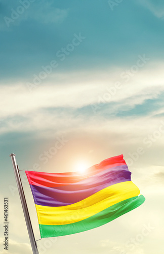 Mauritius national flag cloth fabric waving on the sky - Image