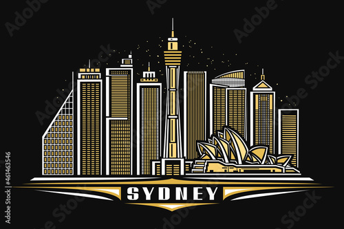 Vector illustration of Sydney, black horizontal poster with linear design illuminated sydney city scape, oceania urban line art concept with decorative lettering for word sydney on dark background.