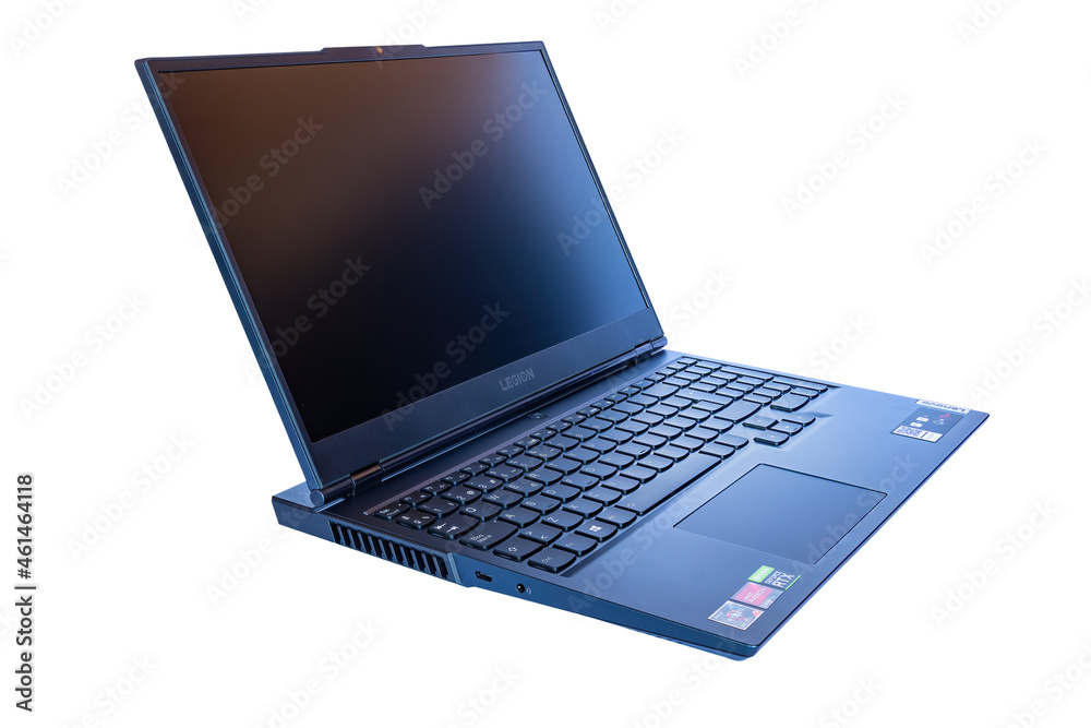 Foto Stock Huelva, Spain-October, 3 2021: View of new Laptop Lenovo Legion  5 15ACH6H AMD Ryzen 7 Gaming Laptop 15.6'' with NVIDIA GeForce RTX 3060  GPU. High-End laptop graphics card for high