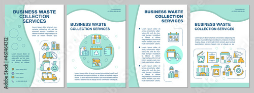 Business waste collection services mint brochure template. Flyer, booklet, leaflet print, cover design with linear icons. Vector layouts for presentation, annual reports, advertisement pages