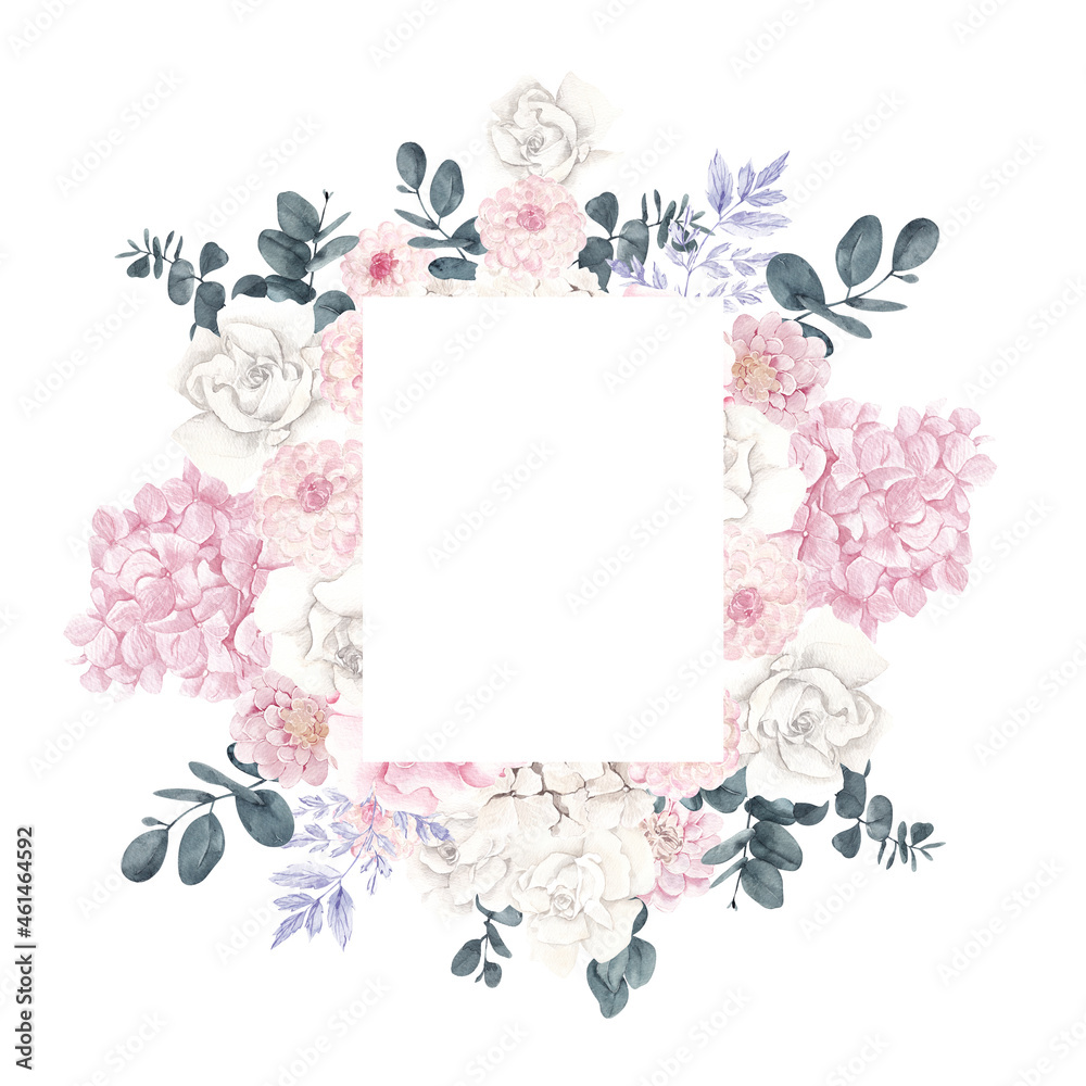 Watercolor Floral frame with pastel flowers  and leaves, isolated on white background