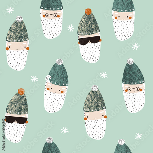 Funny seamless pattern with Santa Claus. Holiday print. Vector hand drawn illustration. © bilaaa