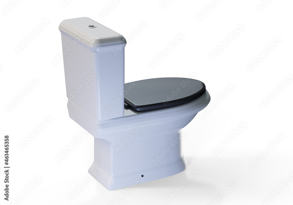 Ceramic Toilet Bowl Isolated on White. Modern Floor Mounted Flush Toilet with Top Spud Side View. Flushing Toilet Soft Closing Seat. 3d render