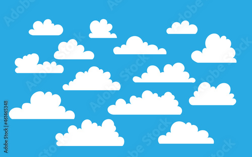 Cloud icons set in flat style isolated on blue background. Cloud symbol for your website, logo, app, ui,poster, flyers, postcards, web banners. Holiday mood, airy atmosphere. Vector illustration.