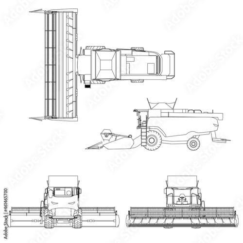 Set with combine harvester from black lines isolated on white background. Side view, top, front, back. Vector illustration