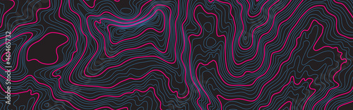 The stylized height of the topographic map contour in lines black an blue-pink colors. The concept of a conditional geography scheme and the terrain path. Ultra Wide Size. Vector illustration.