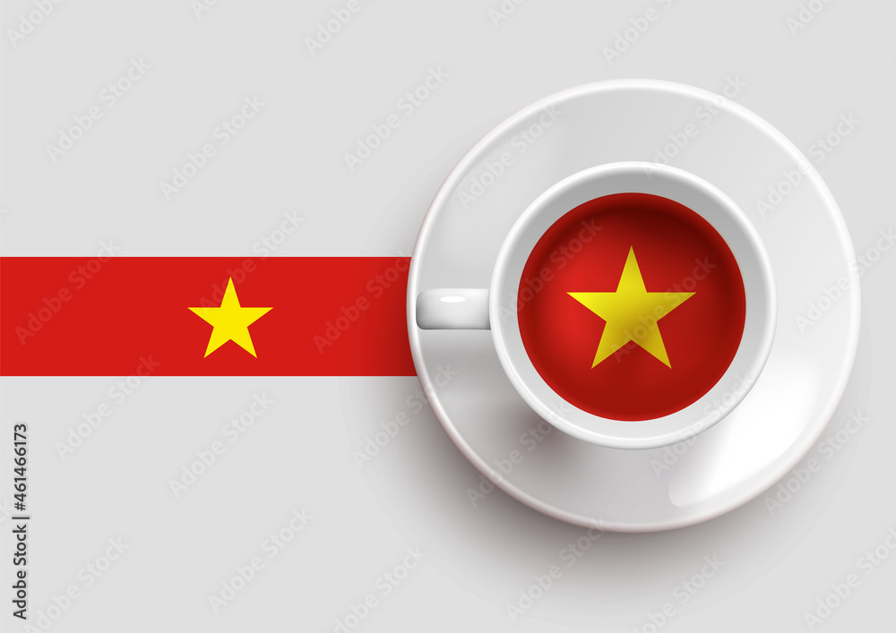 Vietnam flag with a tasty coffee cup on top view and a gradient background. Hot beverage with Vietnam flag, vector illustration. Vietnam flag with a tasty coffee cup on top view and a gradient background. Hot beverage with Vietnam flag, vector illustration.